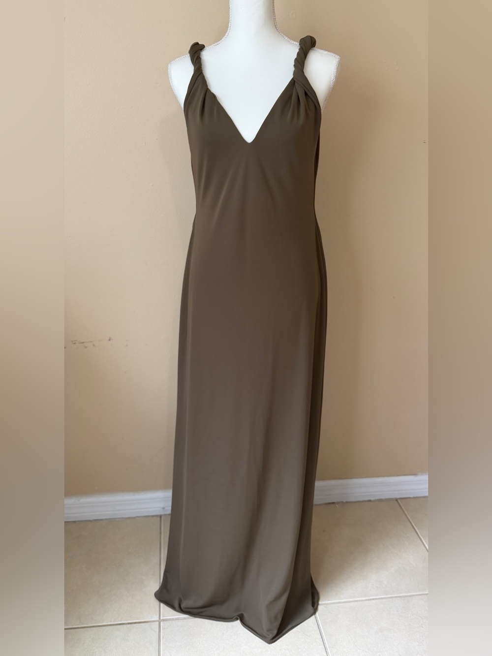 Club L London Twist Of Fate Khaki Green Twist-Neck Maxi Dress UK 14 US 10 NWT